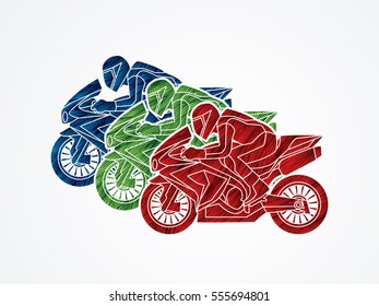 3 Motorcycles racing side view designed using colorful grunge brush graphic vector.