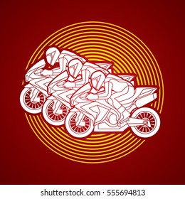 3 Motorcycles racing side view designed on circle light graphic vector.