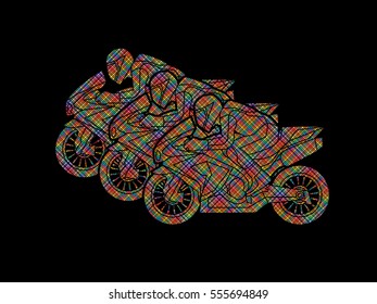 3 Motorcycles racing side view designed using colorful pixels graphic vector.