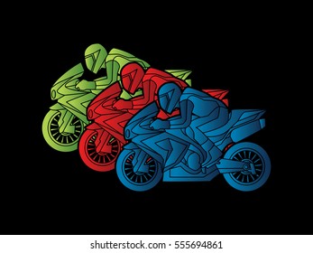3 Motorcycles racing side view designed using colorful graphic vector.