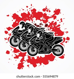 3 Motorcycles racing side view designed on splatter blood graphic vector.