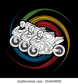 3 Motorcycles racing side view designed on spin wheel graphic vector.
