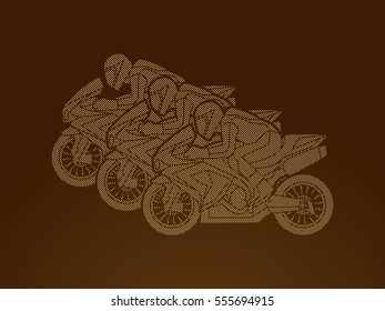 3 Motorcycles racing side view designed using dots pixels graphic vector.