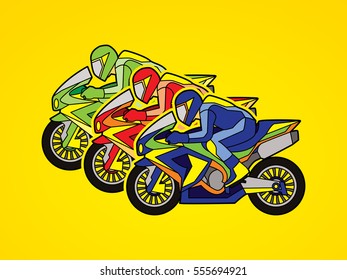 3 Motorcycles racing side view graphic vector.