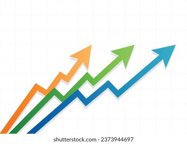 3 multicolor arrows going up represent business race competition, profit, progress, grow, stock price up trend