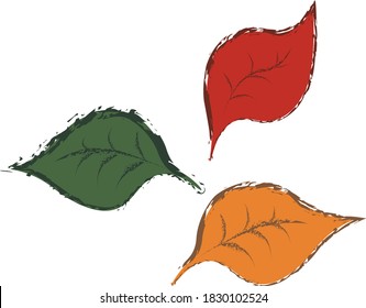 3 multicolor fallen autumn leaves: green, tea and orange drawn with smooth simple lines
