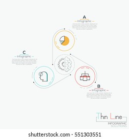 3 multicolored circles with icons connected with center by arrows and text boxes. Steps of idea creation concept. Infographic design layout. Vector illustration in thin line style for report, website.