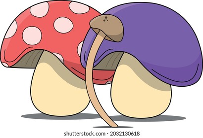 3 mushrooms, one red with spots, one lilac, and a mushroom that grows in the humidity, vectorized.