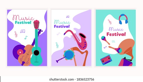 3 music posters. Musical instrument illustrations, vector. Creative bright Music concept for musical event invitations
