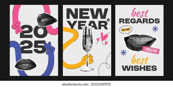 3 New Year 2025 halftone vintage collage posters with halftone lips and mouth, bold typography, and playful cartoon elements like sparkle, hand, heart. Retro vector illustrations.