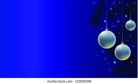 3 New Year's silver spheres on a dark blue background with a fur-tree branch