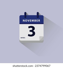 Icono del vector plano del calendario del 3 de noviembre. Calendario de noviembre con sombreado de degradado y notas sobre fondo claro