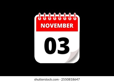 3 November calendar icon text page monthly web design on red, white and black background vector, icon, or illustration with the month of November 3