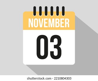 3 November calendar vector icon. Yellow november date for the days of the month and week
