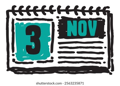 3 November date long table calendar - A simple yet elegant line art illustration of a table date calendar captures the essence of organization and timekeeping and note lines sketch art