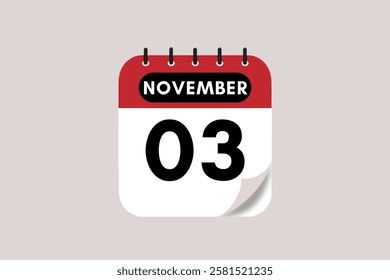 3 November month single day vector, illustration, calendar with rose red, black and off-white color background calendar November 3