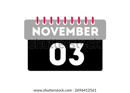 3 November month single day vector, illustration, calendar with ash, black, red and white color background calendar icon of November 3