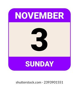 3 November, Sunday. Date template. Useful design for calendar or event promotion. Vector illustration EPS 10 File. Isolated on white background. 