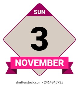 3 de noviembre, domingo. Plantilla de fecha. Diseño útil para la promoción de calendarios o eventos. Ilustración vectorial Archivo EPS 10. Aislado sobre fondo blanco. 