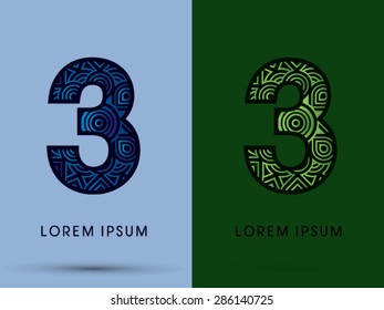 3 ,Number, Abstract, font, concept filigree, floral, natural, water and leaf graphic, vector.