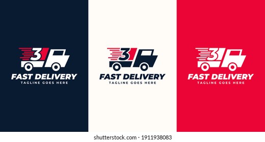 3 number express delivery  Logo designs Template. Illustration vector graphic of  number and fast truck  logo design concept. Perfect for Delivery service, Delivery express logo design