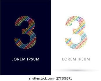 3 ,Number, font, designed using colorful zigzag line, graphic, vector.