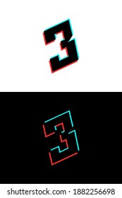 3 number font made of glitch, stereo effect. Dynamic, split red and blue color. For dj logo, electromusic posters, bright logo and more. Vector illustration