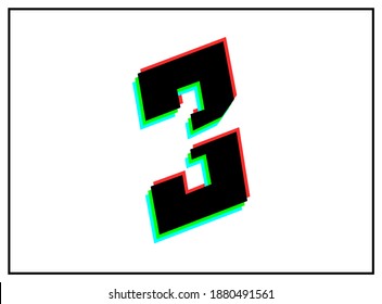 3 number font, vector desing logo.Dynamic, split-color, shadow of  number red, green, blue in black frame on white background. Eps10 illustration