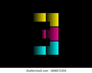 3 number font, vector logo made of Cmyk color. Dynamic split blue, pink, yellow color on black background. For social media,design elements, creative poster, web template etc.                       