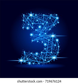 3 number letter from futuristic polygonal lines and sparkles with space stars. Blue vector illustration on black background for card or web design.