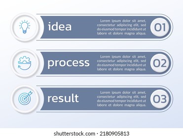 3 Zahlenlisten-Vorlage. Fünf Stufen Business Layout mit Textbannern, Zahlen und Symbolen. Modernes Infografik-Design. Präsentation, Diagramm, Broschürenkonzept mit 3D Elementen. Vektorgrafik.