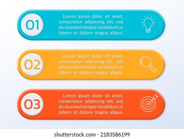 3 number list template. Three step business layout with text banners, numbers and icons. Modern info graphic design. Presentation, chart, brochure concept with 3d elements. Vector illustration.