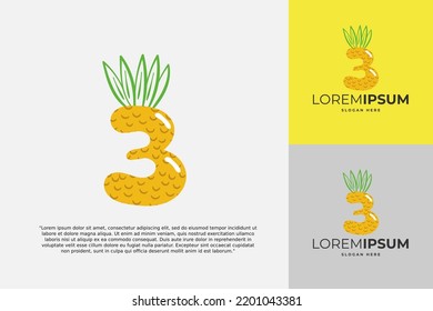 3 Number logo made of pineapple. Fruit handmade calligraphy for agricultural identity, restaurant cards, kids t-shirt, summer prints, etc