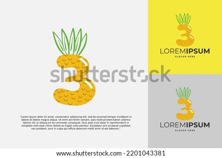 3 Number logo made of pineapple. Fruit handmade calligraphy for agricultural identity, restaurant cards, kids t-shirt, summer prints, etc