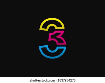 3 Zahlenlogo, Vektordesign-Schriftart .Dynamic cmyk gespalten blau, rosa, gelbe Farbe auf schwarzem Hintergrund. Für soziale Medien, Design-Elemente, kreatives Poster, Jubiläumsfeiern, Grußwebvorlage 