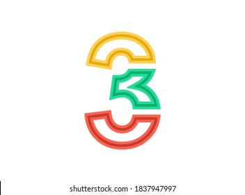 3 number logo, vector outline stroke font. Slice, cut design with red, green, yellow colors. For design element, creative poster, brand label, web template and more 