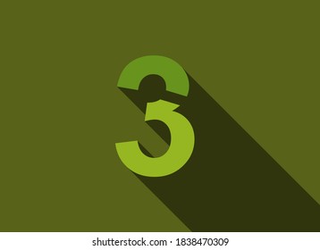 3 Number with long shadow, green colors cutting style. For logo, brand label, design elements, corporate identity, application & more. Vector editable illustration.