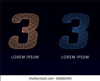 3 Number ,Luxury font ,designed using gold and blue line, concept shape from water, river, sea, ocean, fish scale, logo, symbol, icon, graphic, vector.
