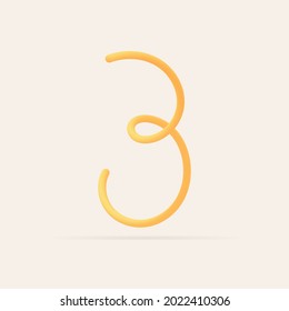 3 number spaghetti design. Vector hand draw realistic food font. Isolated Italian pasta for tasty poster, restaurant identity, gourmet element and more