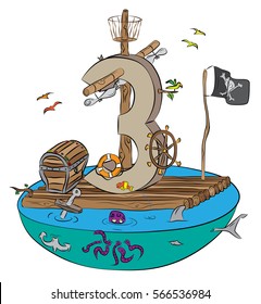3 Number Three Block As Pole On Pirates Raft On Dangerous Water With Shark And Octopus