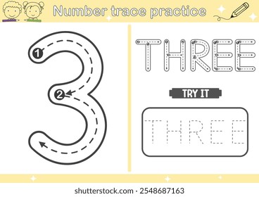 3 number tracing practice worksheet and coloring book page with outline vector for Pre-school Kids