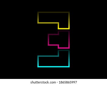 3 number vector desing, Cmyk color font logo. Dynamic split blue, pink, yellow color on black background. For social media,design elements, creative poster, web template and more
