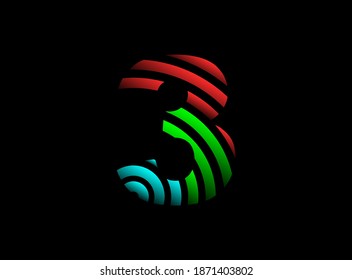 3 number vector desing, rgb color font logo. Dynamic split red, green, blue color on black background. For social media,design elements, creative poster, web template and more


