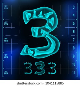 3 Number Vector. Three Roentgen X-ray Font Light Sign. Medical Radiology Neon Scan Effect. Alphabet. 3D Blue Light Digit With Bone. Medical, Hospital, Pirate, Futuristic Style. Illustration