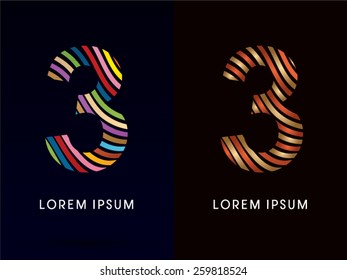 3 ,Number,colorful font and luxury font ,designed using colors line on dark background, concept move, wave, water, freestyle, happy, fun, joy, fantasy ,logo, symbol, icon, graphic, vector.