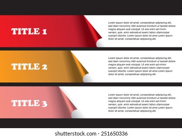 3 numbered strips of peel off stickers with white space for text copy. Abstract vector background isolated on black background as template for page layout design.
