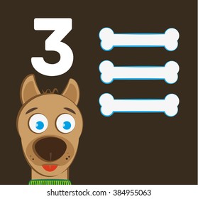 #3 - "Numbers for Kids" set, a cute dog with three bones. Learn number and counting with kids.