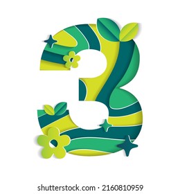 3 Numeric Number Character Environmental Eco Environment Day Leaf Font Letter Cartoon Style Abstract Paper Sparkle Shine Green Mountain Geography Contour 3D Paper Layer Cutout Card Vector Illustration