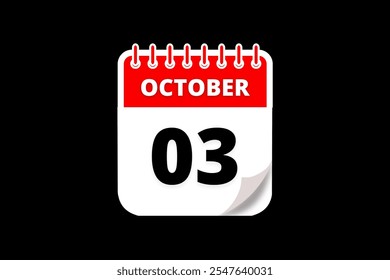 3 Oktober Kalender Symbol Textseite monatliches Web-Design auf rotem, weißem und schwarzem Hintergrund Vektor, Symbol oder Illustration mit dem Monat Oktober 3
