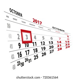 3 October highlighted on calendar 2017. Week starts from Monday. Vector Illustration.